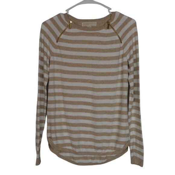 Michael Kors White and Tan Striped Long Sleeve Top, XS - Picture 1 of 4